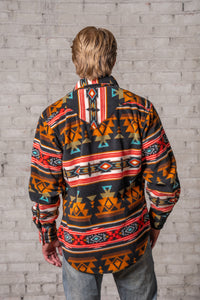 Men's Native American Inspired Pattern Fleece Western Shirt in Black & Rust