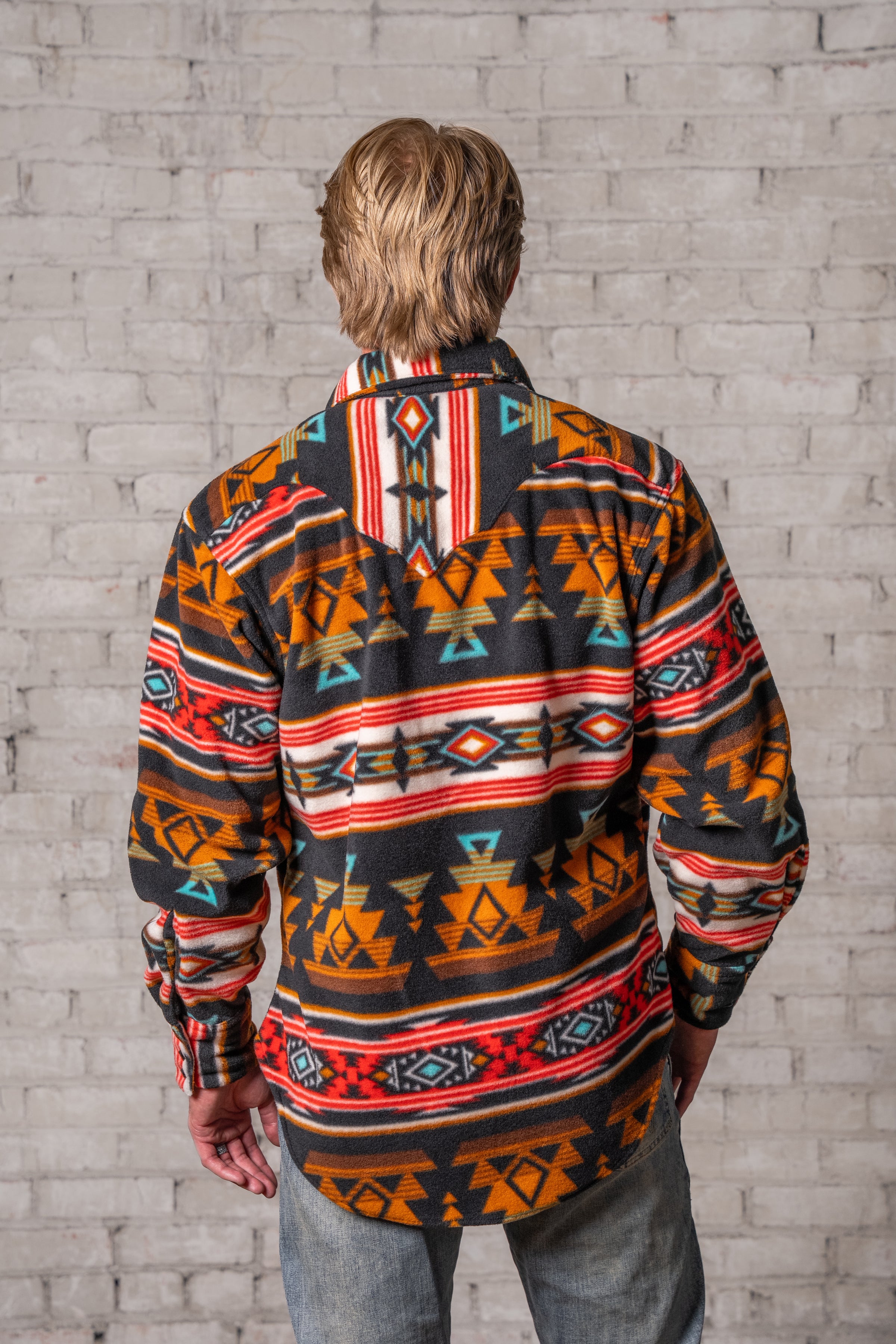 Men's Native American Inspired Pattern Fleece Western Shirt in Black & Rust