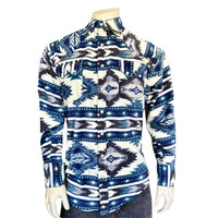 Men's Native American Inspired Pattern Fleece Western Shirt in Blue & Navy - Rockmount