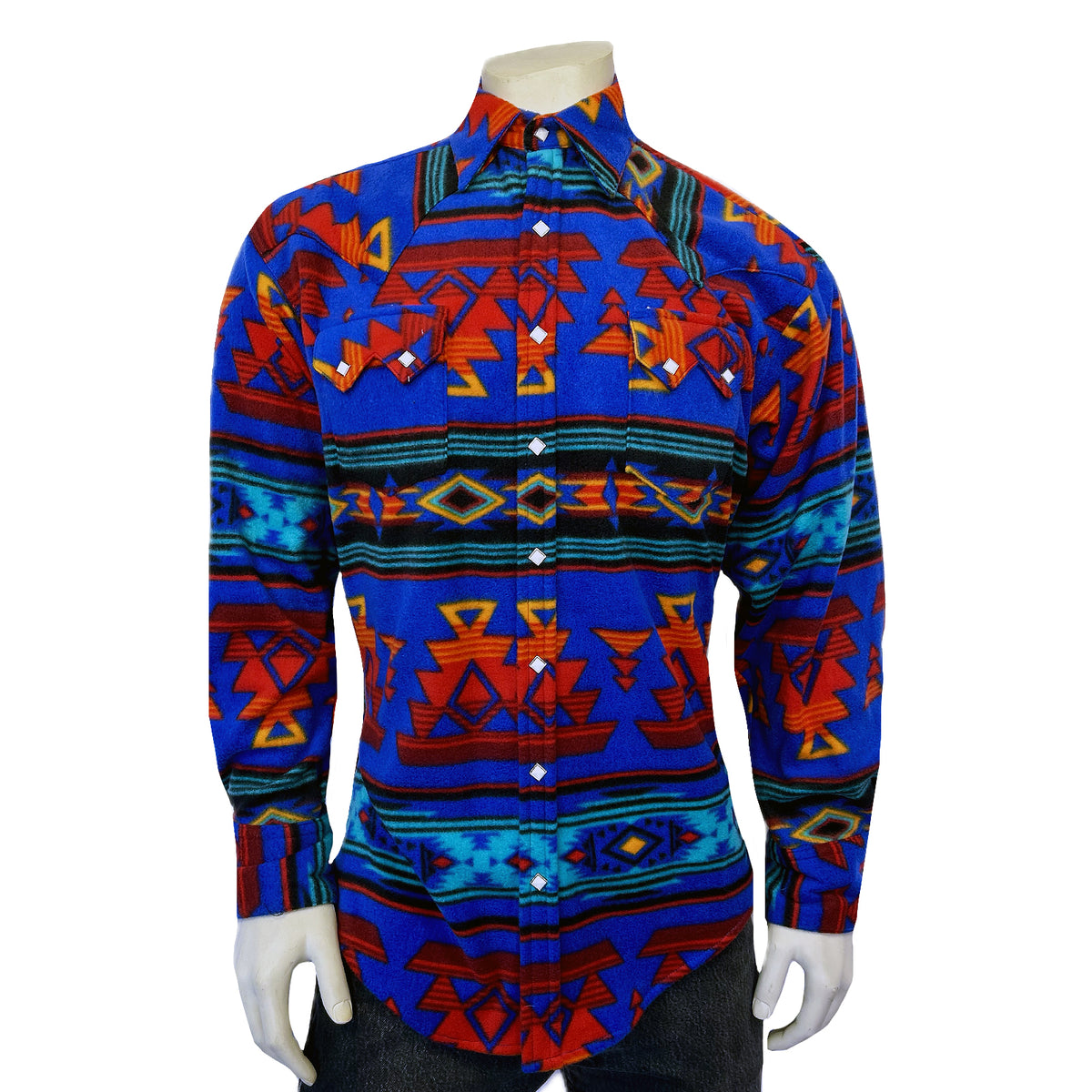 Men's Native American Inspired Pattern Fleece Western Shirt in Blue & Red - Rockmount