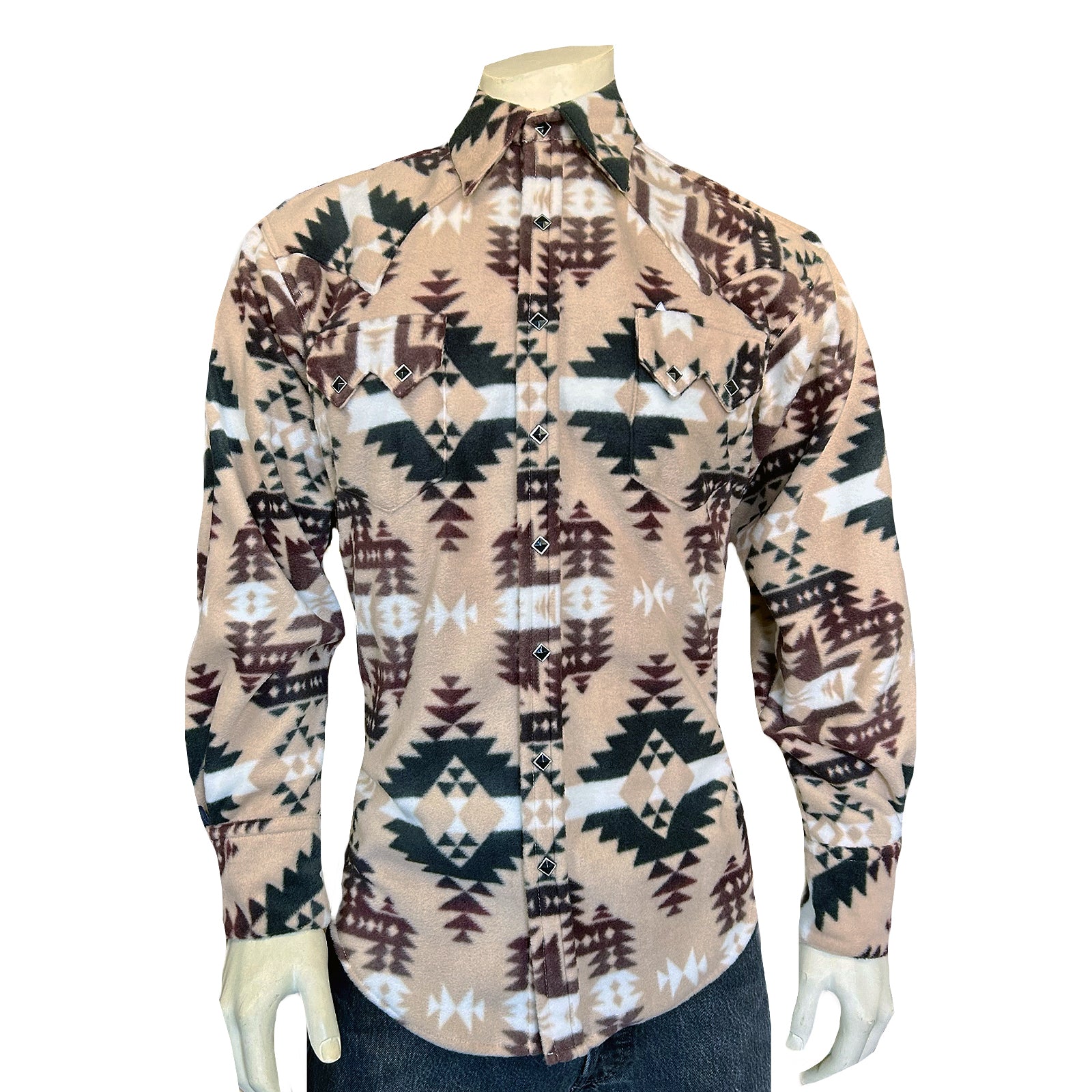 Men's Native American Inspired Pattern Fleece Western Shirt in Brown & Tan