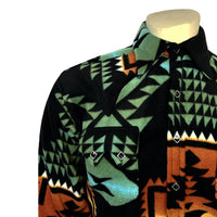 Men's Native American Inspired Pattern Fleece Western Shirt in Black & Turquoise - Rockmount