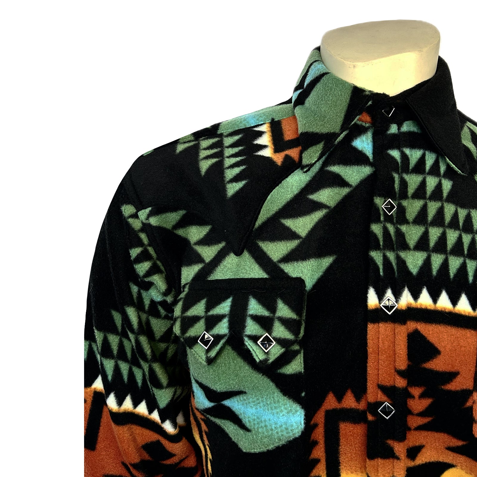 Men's Native American Inspired Pattern Fleece Western Shirt in Black & Turquoise - Rockmount