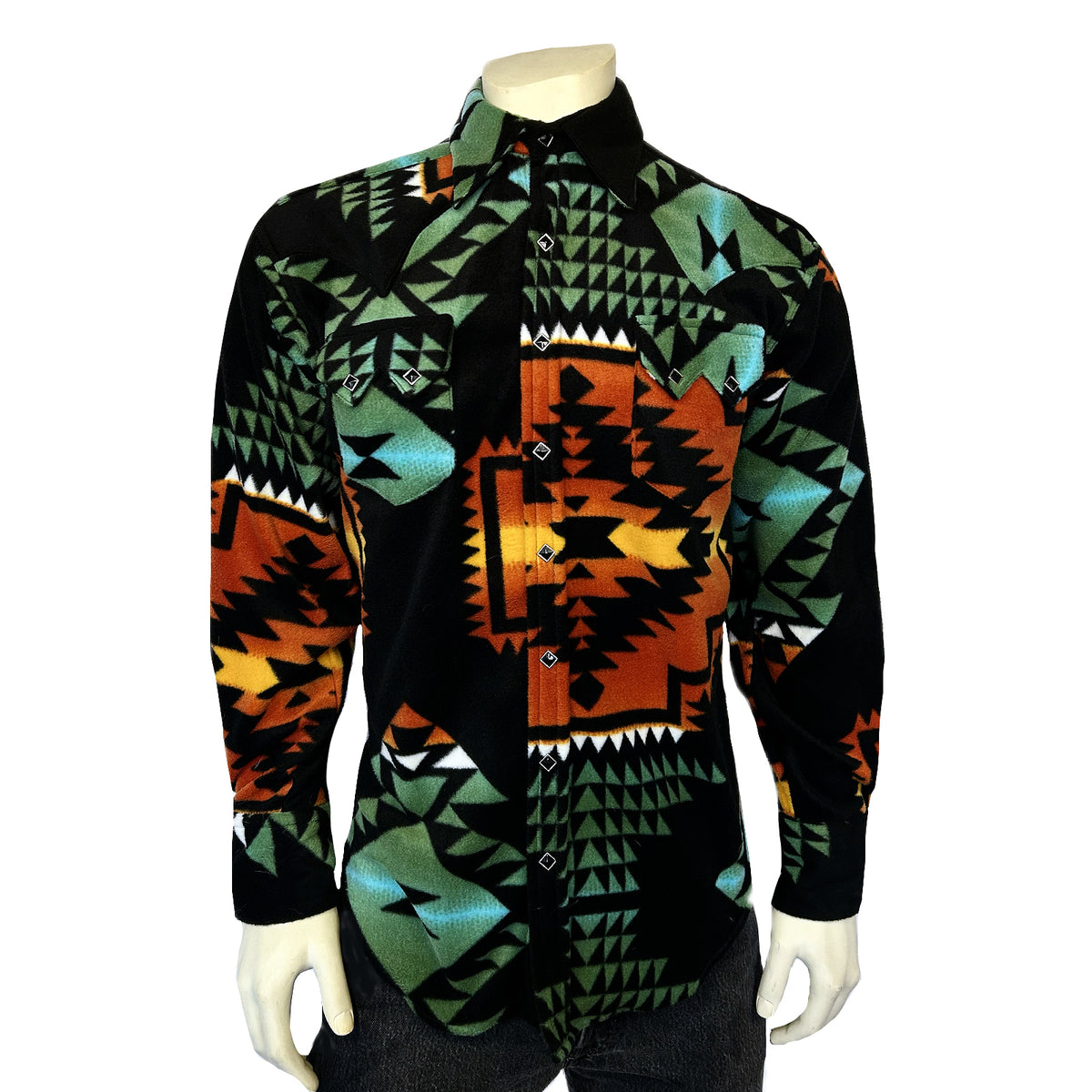 Men's Native American Inspired Pattern Fleece Western Shirt in Black & Turquoise - Rockmount