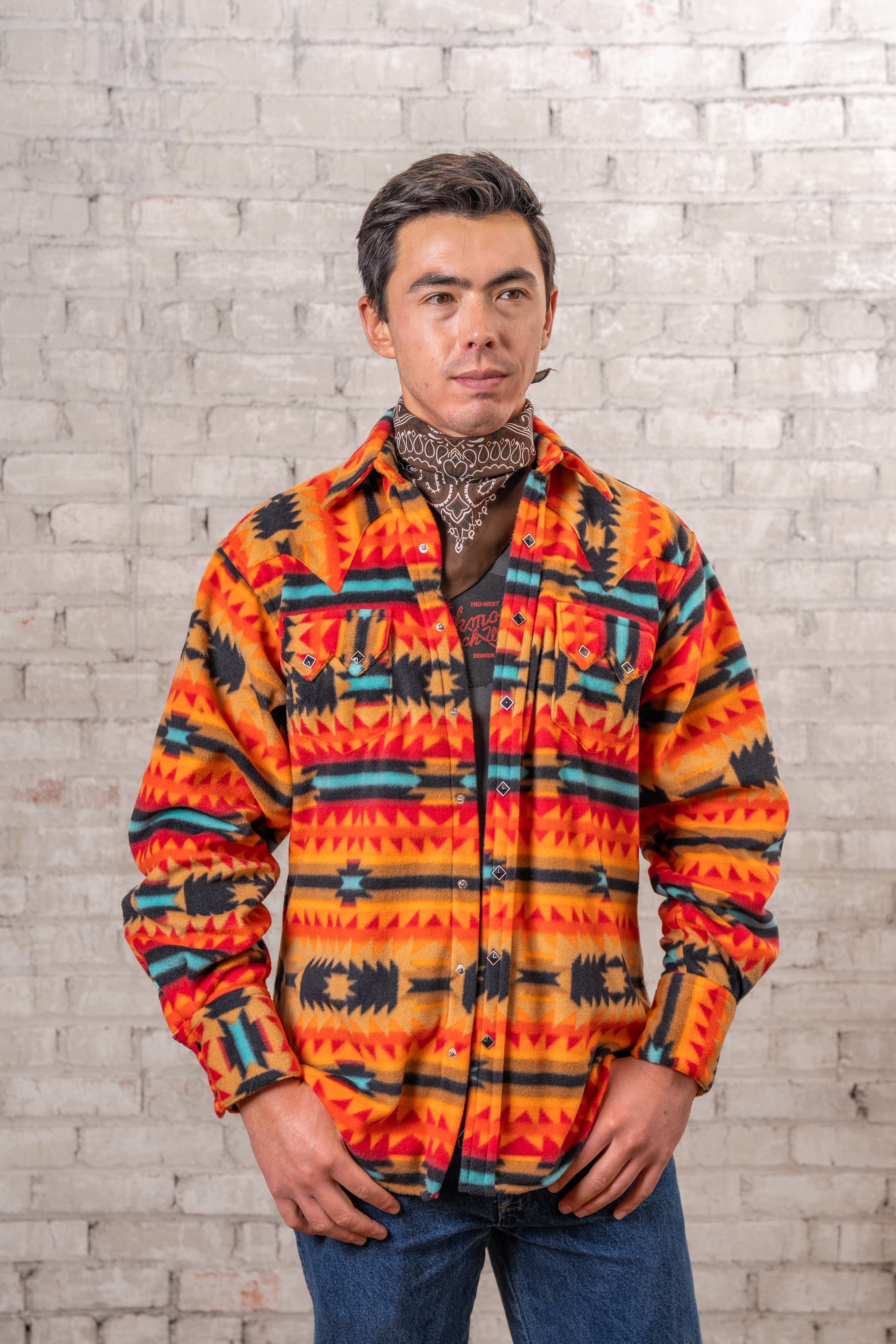 Men's Native American Inspired Pattern Fleece Western Shirt in Red & Black