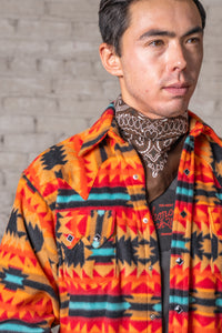 Men's Native American Inspired Pattern Fleece Western Shirt in Red & Black
