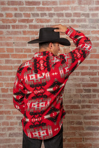Men's Native American Inspired Pattern Fleece Western Shirt in Red & Grey