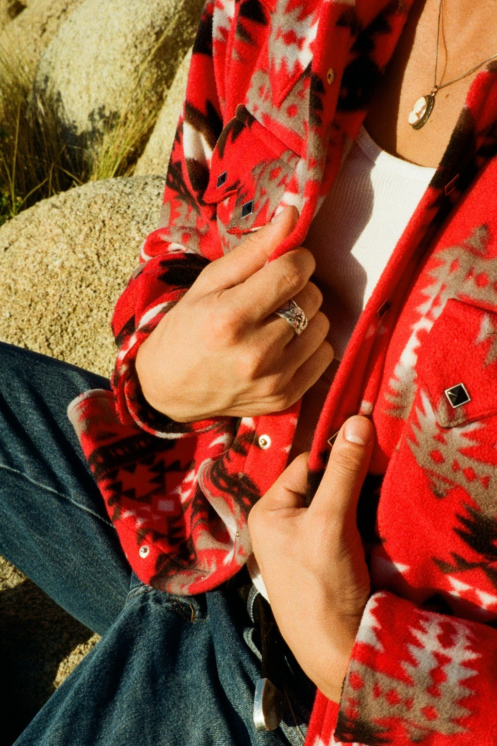 Men's Native American inspired pattern fleece western shirt by Rockmount Ranch Wear, red and grey with diamond snap front