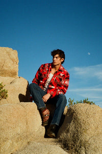 Men's Native American Inspired Pattern Fleece Western Shirt in Red and Grey, Rockmount Ranch Wear fleece