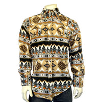 Men's Native American Inspired Pattern Fleece Western Shirt in Tan & Black