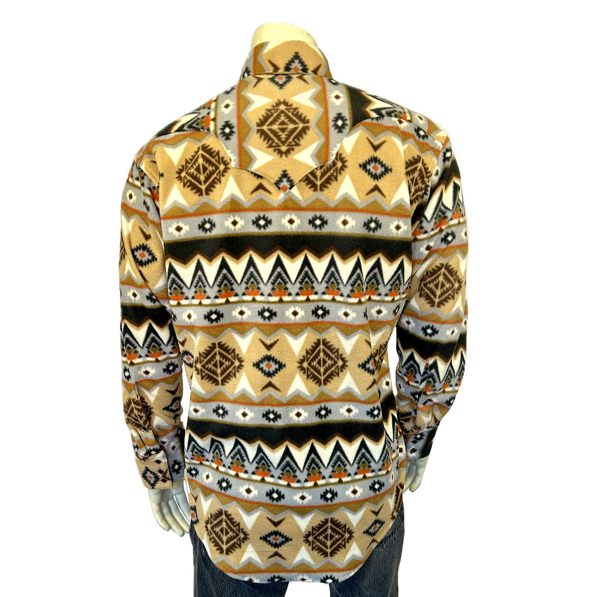 Men's Native American Inspired Pattern Fleece Western Shirt in Tan & Black