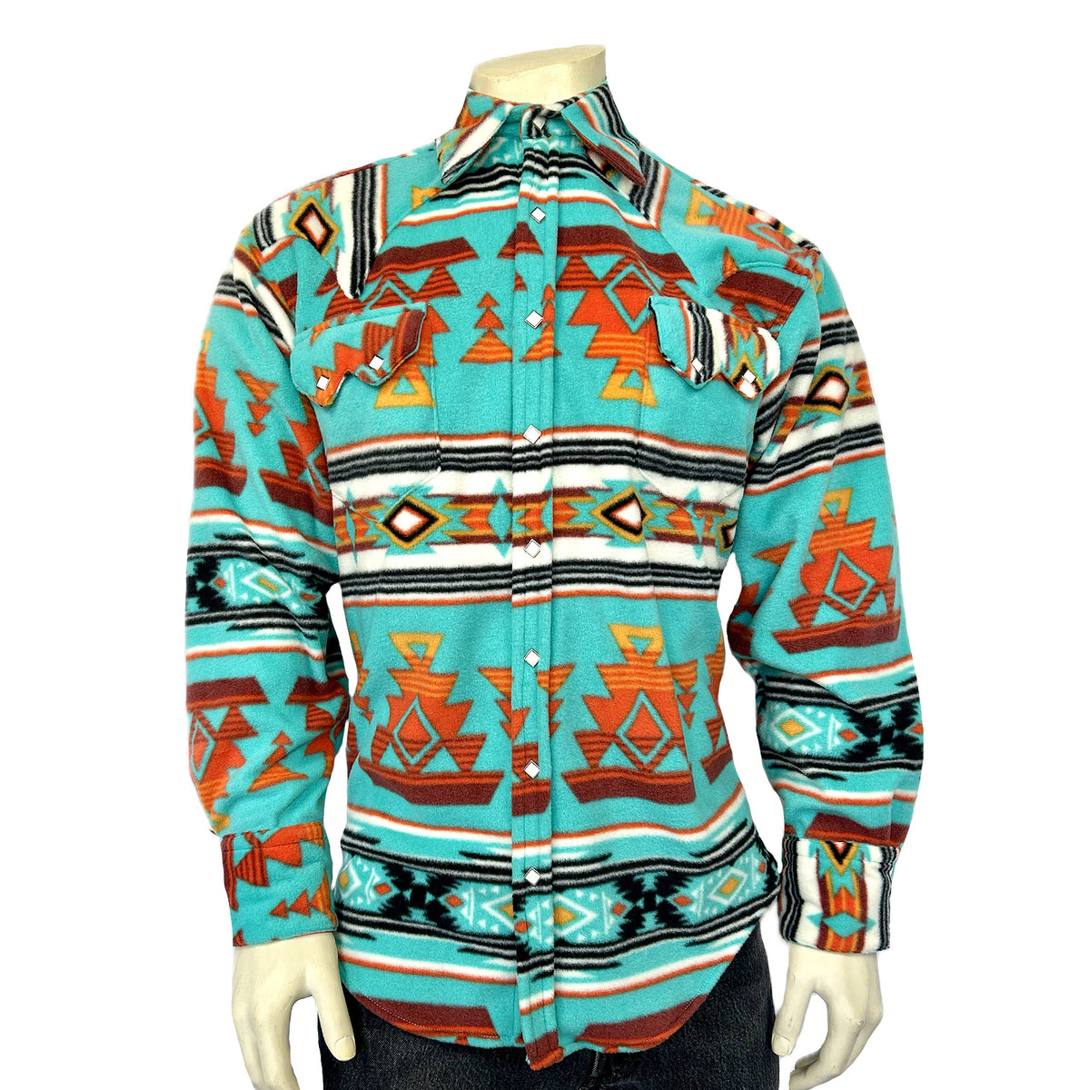 Men's Native American Inspired Pattern Fleece Western Shirt in Turquoise & Red - Rockmount