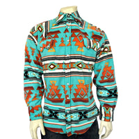 Men's Native American Inspired Pattern Fleece Western Shirt in Turquoise & Red - Rockmount