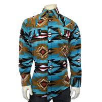Men's Native American Inspired Pattern Fleece Western Shirt in Turquoise & Brown - Rockmount