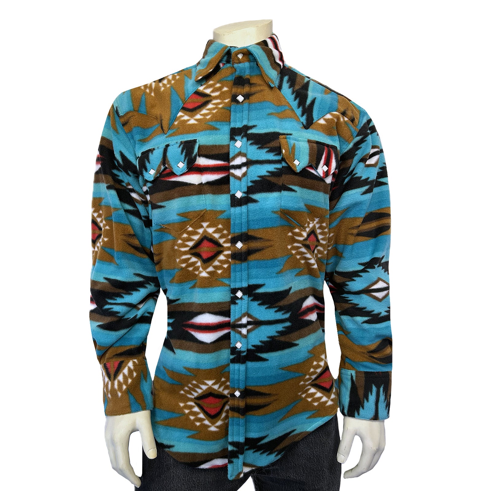 Men's Native American Inspired Pattern Fleece Western Shirt in Turquoise & Brown - Rockmount