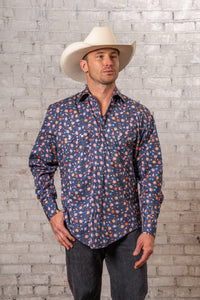 Men’s Solar System Print Western Shirt in Navy