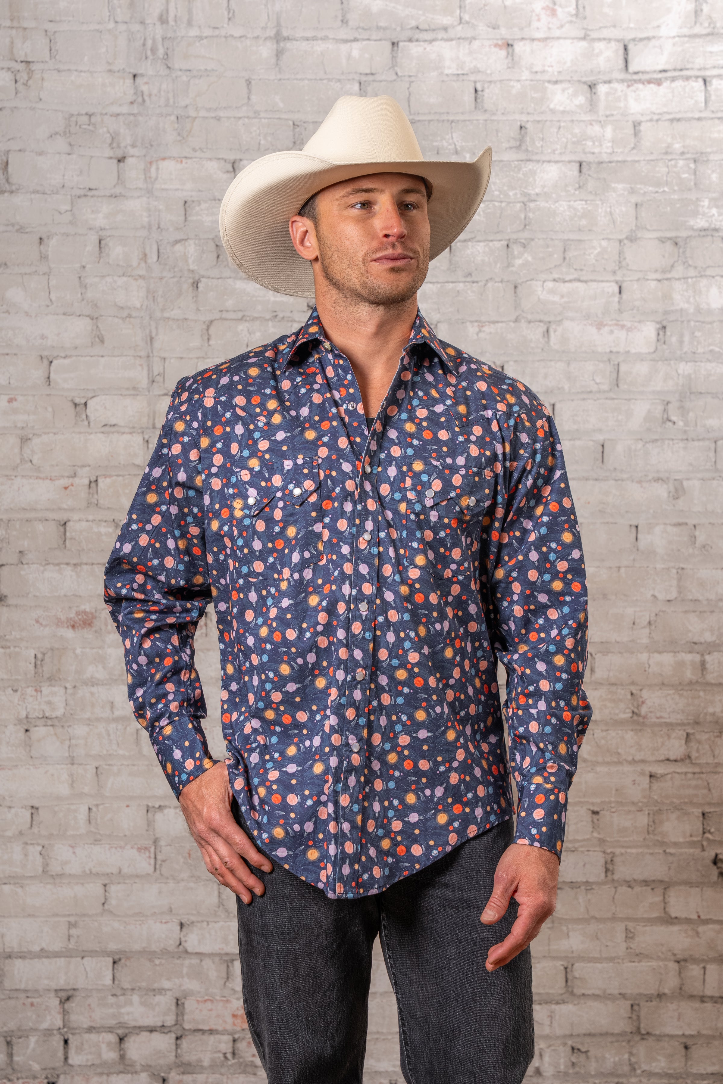 Men’s Solar System Print Western Shirt in Navy