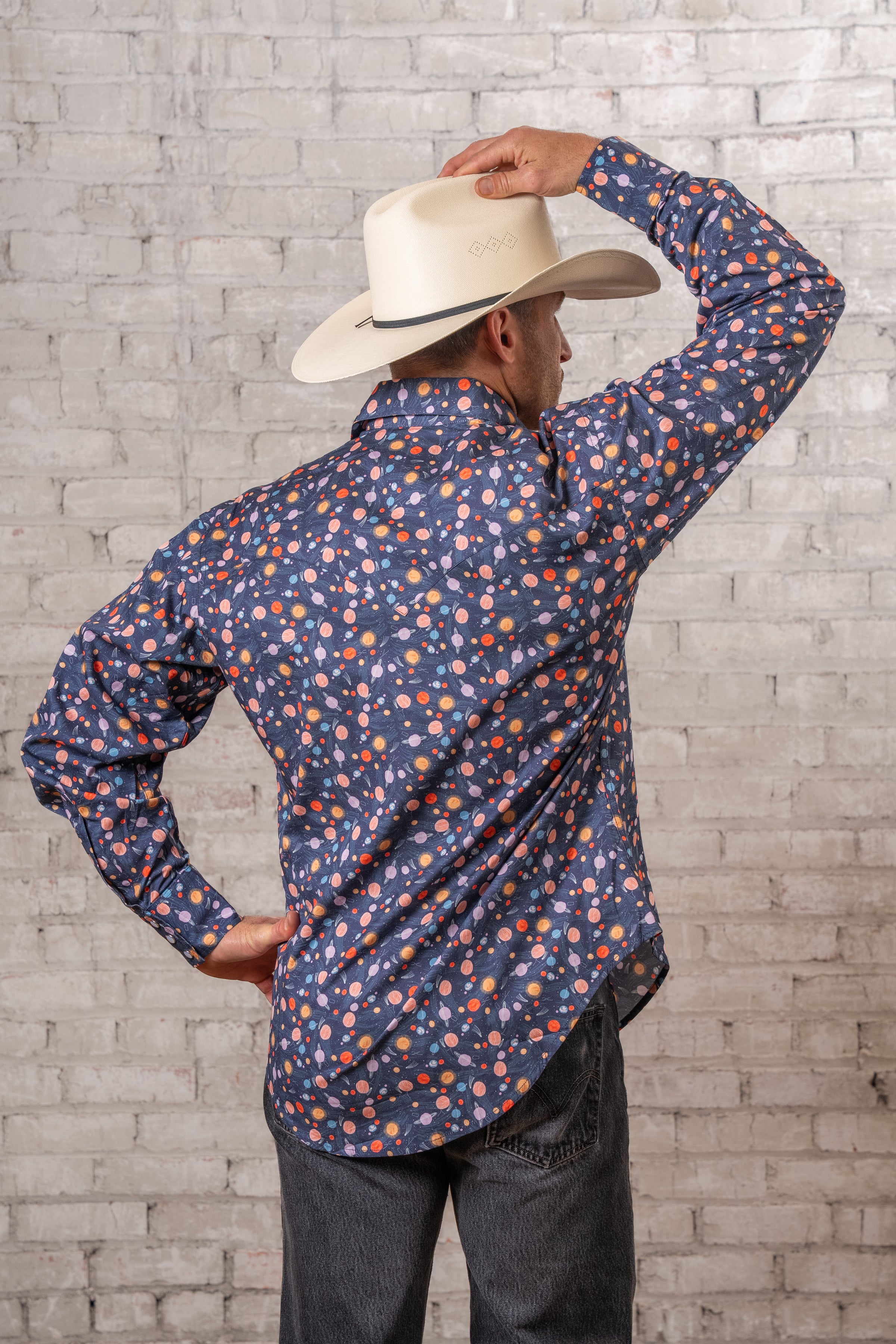 Men’s Solar System Print Western Shirt in Navy
