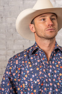 Men’s Solar System Print Western Shirt in Navy