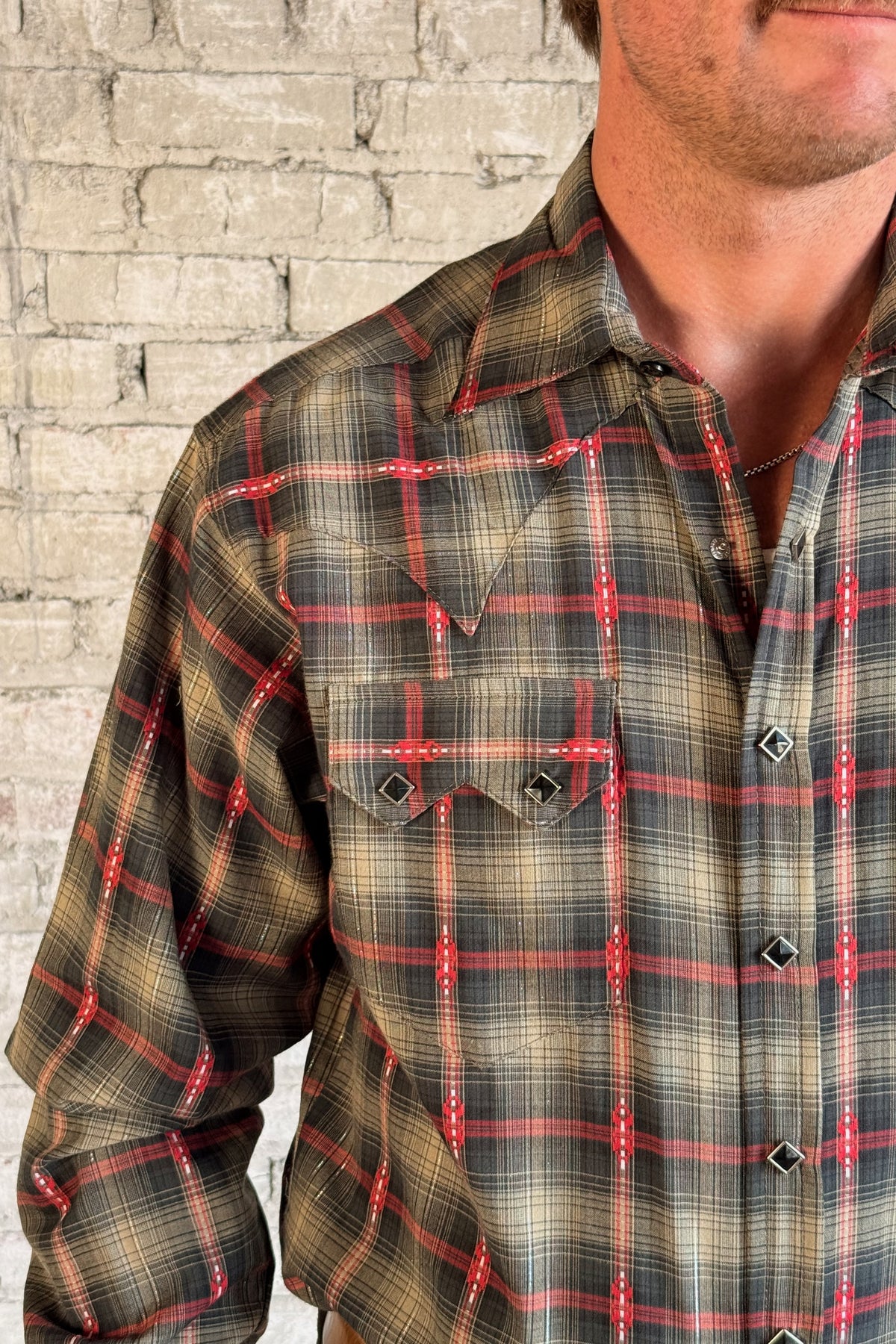 Men's Shadow Plaid Dobby Lurex Western Shirt in black by Rockmount Ranch Wear with sawtooth pockets and diamond snaps