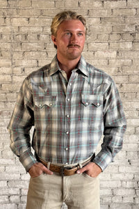Men's Shadow Plaid Dobby Lurex Western Shirt in Grey