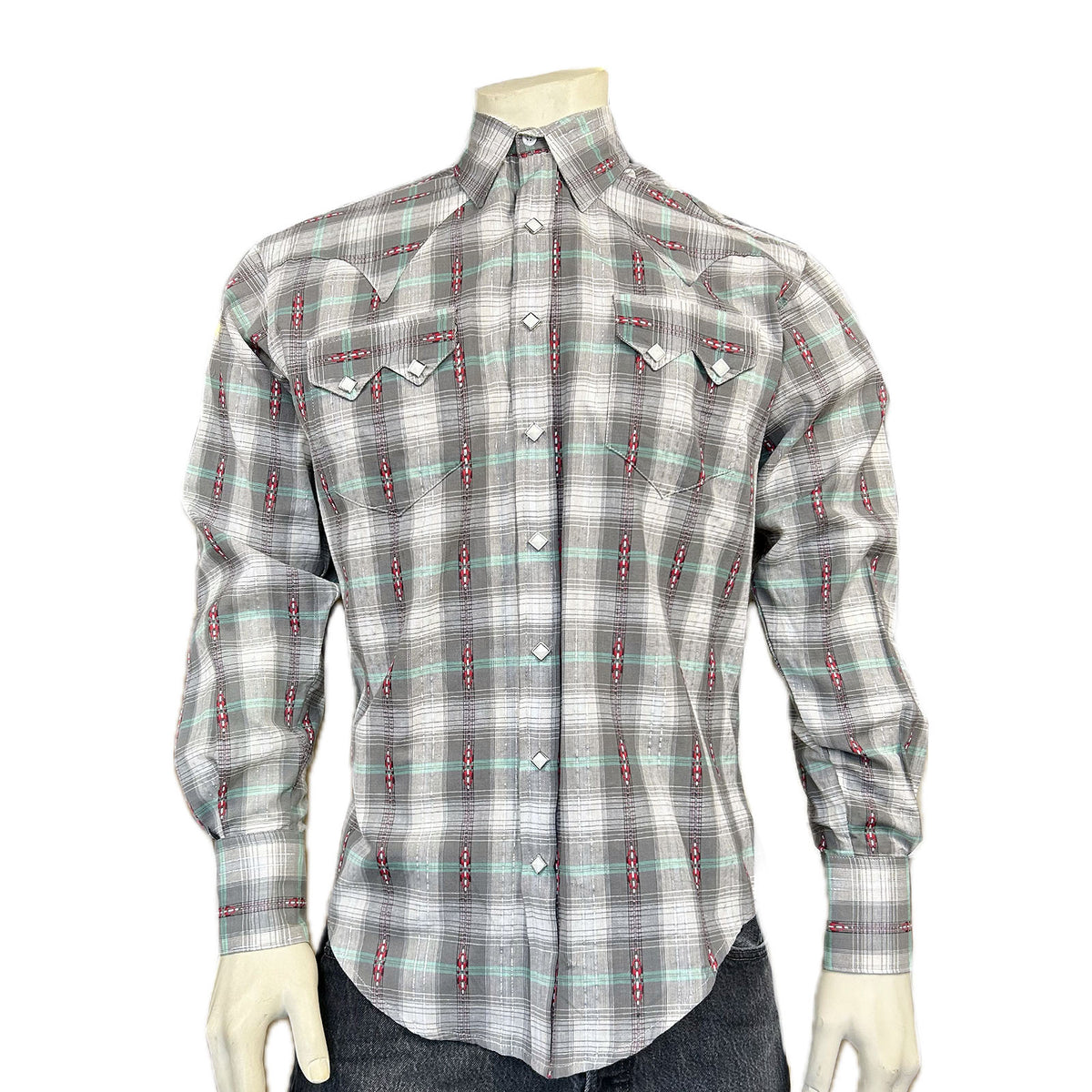 Men's Shadow Plaid Dobby Lurex Western Shirt in Grey - Rockmount