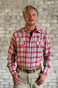 Men's Shadow Plaid Dobby Lurex Western Shirt in Red by Rockmount Ranch Wear with sawtooth pockets and diamond snaps