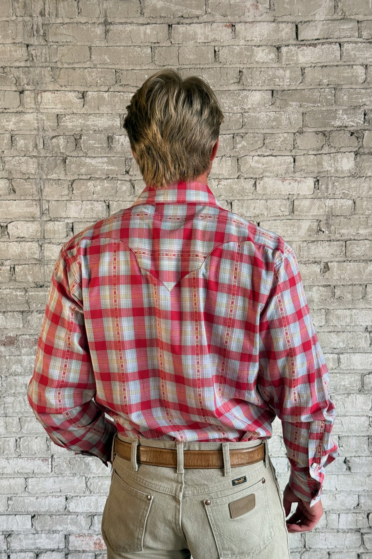 Men's Shadow Plaid Dobby Lurex Western Shirt in Red by Rockmount Ranch Wear with sawtooth pockets and diamond snaps