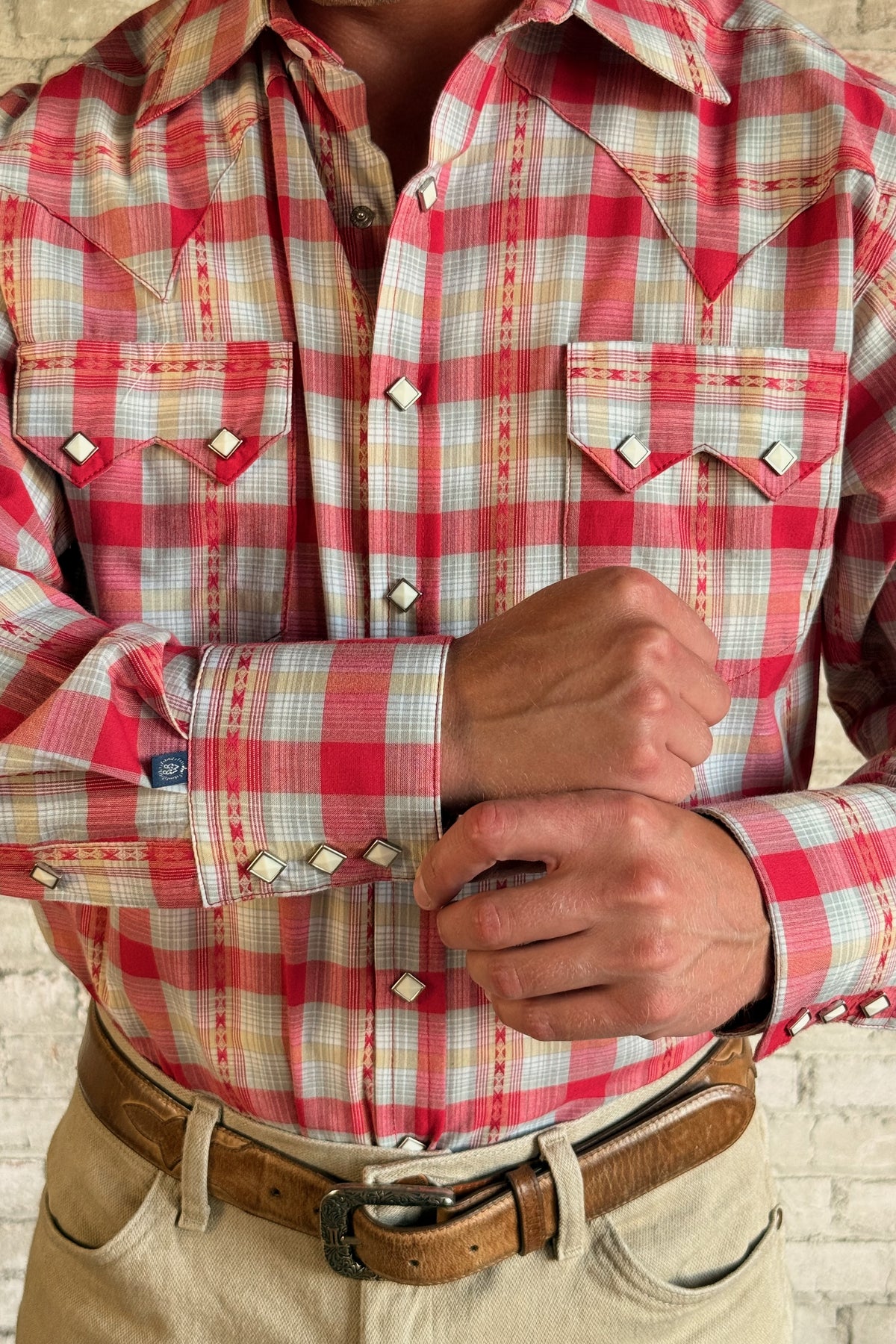 Men's Shadow Plaid Dobby Lurex Western Shirt in Red by Rockmount Ranch Wear with sawtooth pockets