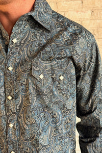 Men's Ornate Paisley Print Western Shirt in Navy