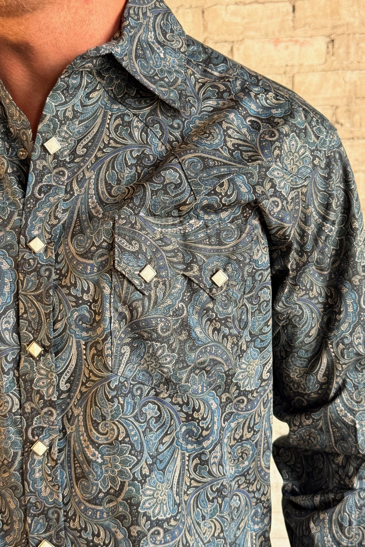 Men's Ornate Paisley Print Western Shirt in Navy