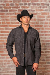 Men's Black Stonewashed Diamond Snap Denim Sawtooth Pocket Western Shirt