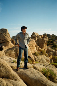 Men's Signature Denim Pinstripe Western Shirt by Rockmount Ranch Wear in vintage denim with sawtooth pockets