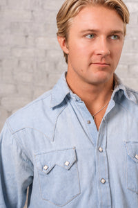 Men's Stonewashed Denim Sawtooth Western Shirt in Sky Blue