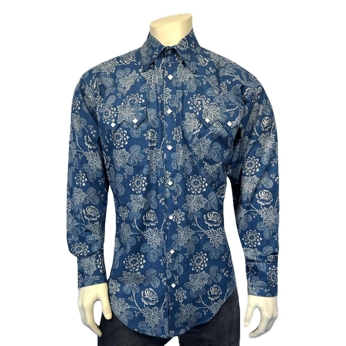 Men's Long Sleeve Navy Floral Print Western Shirt - Rockmount