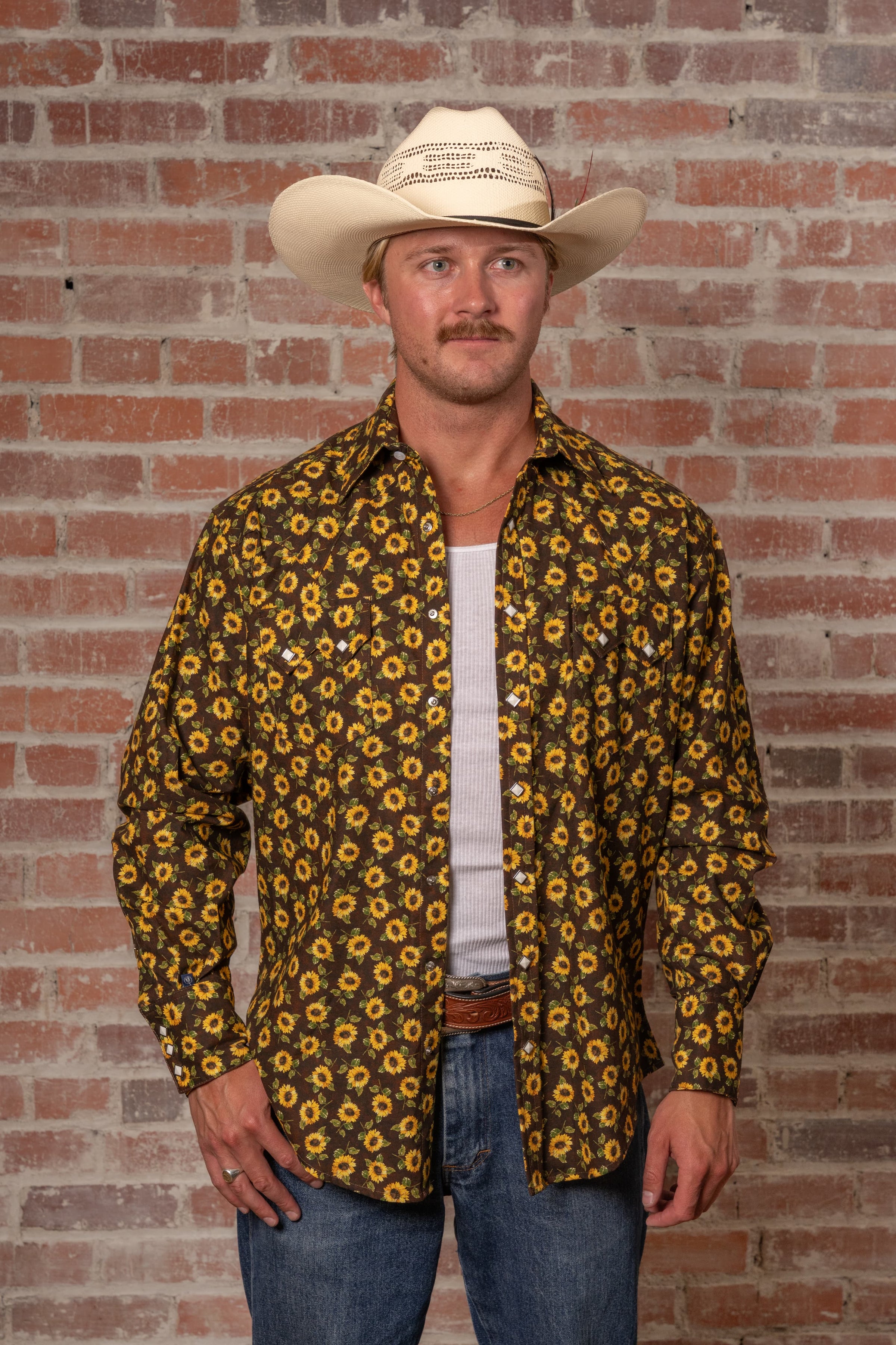 Men's Vintage Brown Sunflower Print Western Shirt