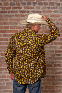 Men's Vintage Brown Sunflower Print Western Shirt