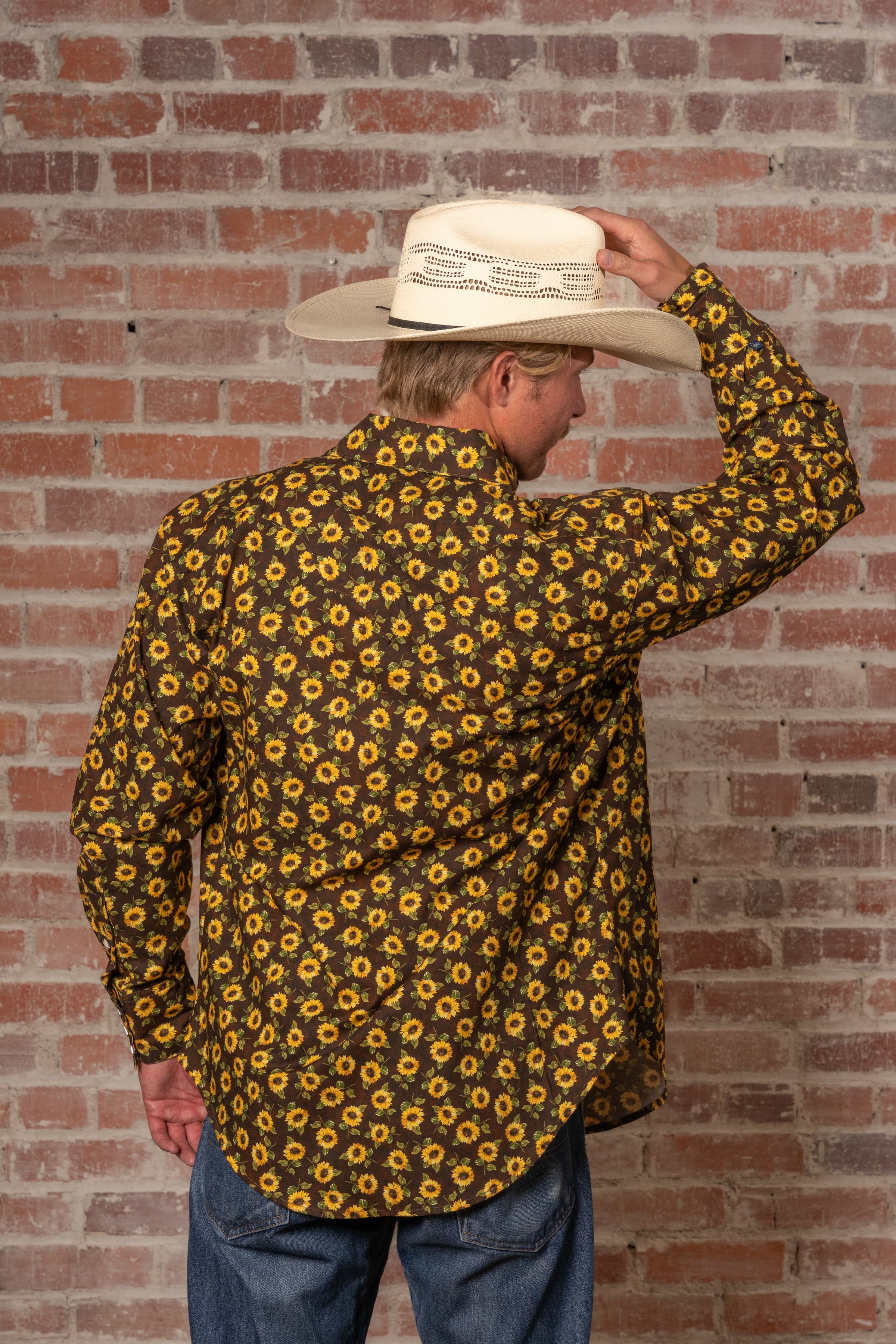 Men's Vintage Brown Sunflower Print Western Shirt