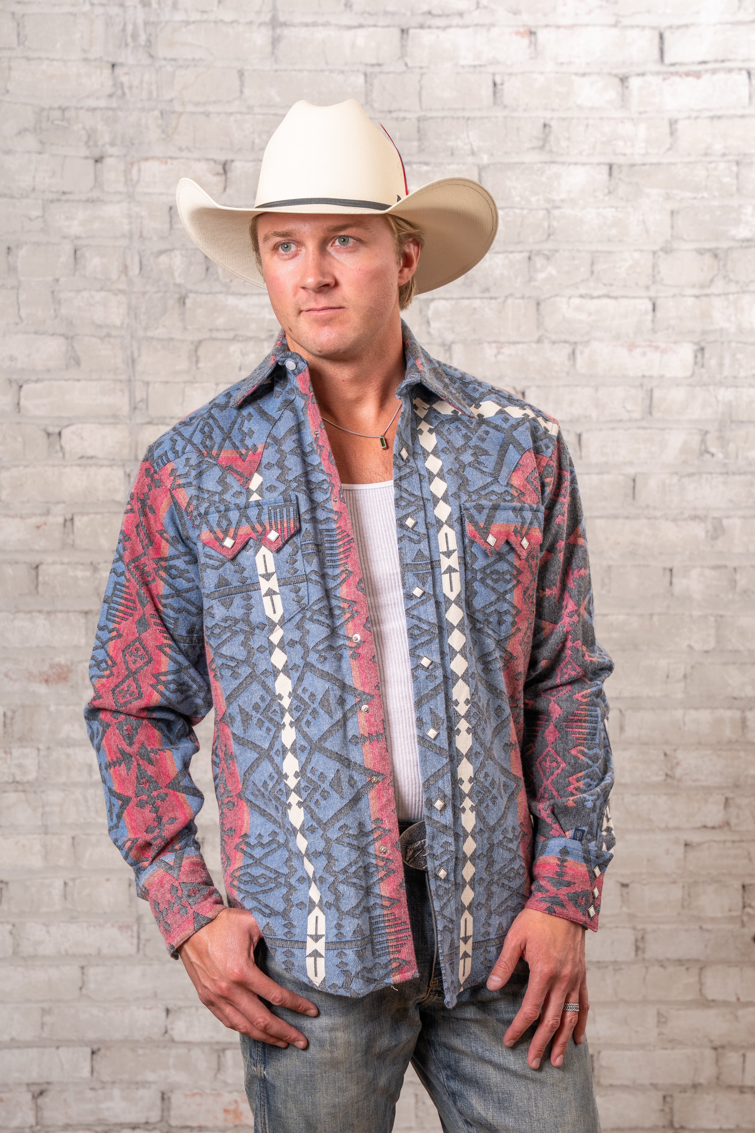 Men's Premium Flannel Jacquard Western Shirt in Black, Red & Blue
