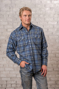 Men's Organic Plush Flannel Blue & Green Plaid Western Shirt