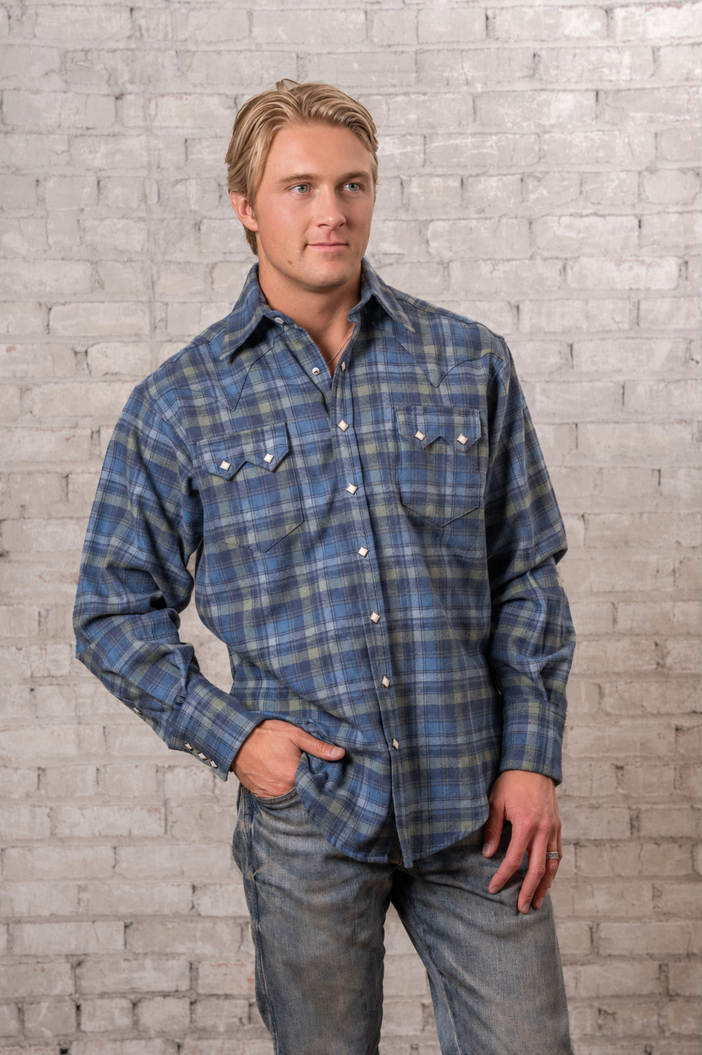Men's Organic Plush Flannel Blue & Green Plaid Western Shirt