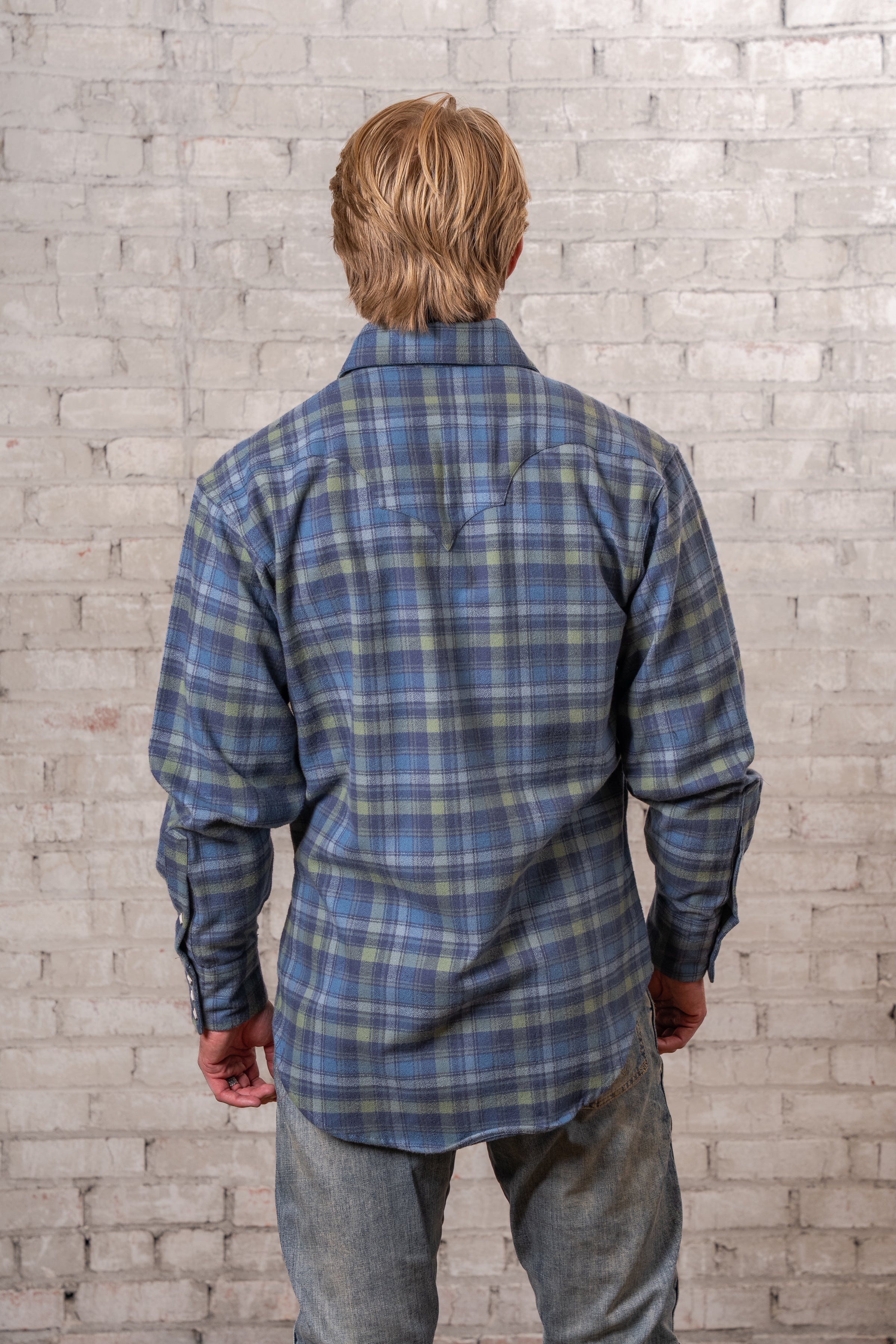 Men's Organic Plush Flannel Blue & Green Plaid Western Shirt