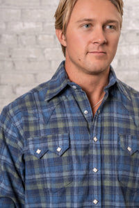 Men's Organic Plush Flannel Blue & Green Plaid Western Shirt