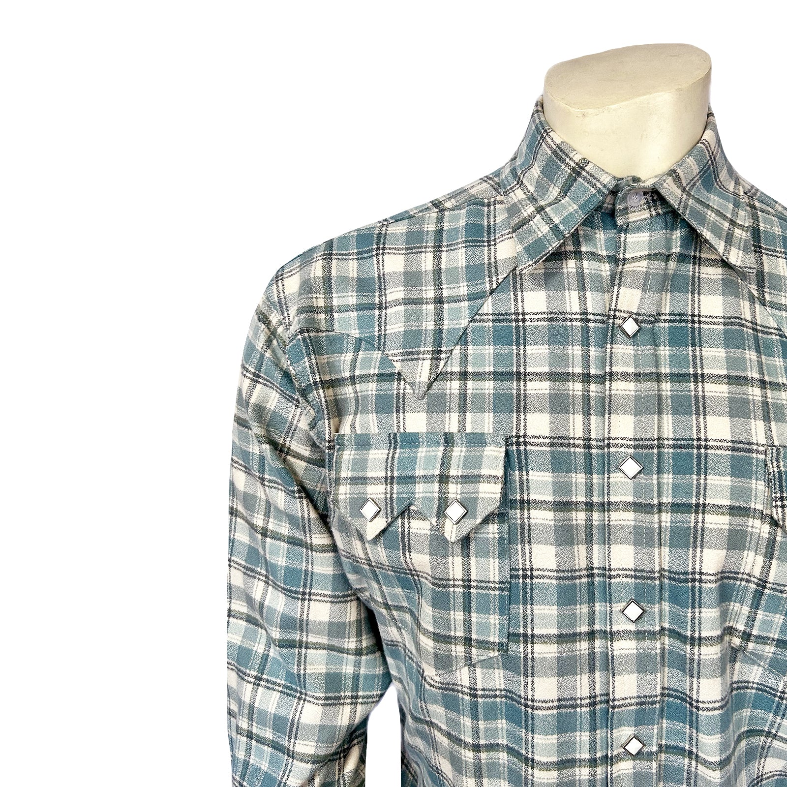 Men's Organic Plush Flannel Dusty Blue Plaid Western Shirt - Rockmount