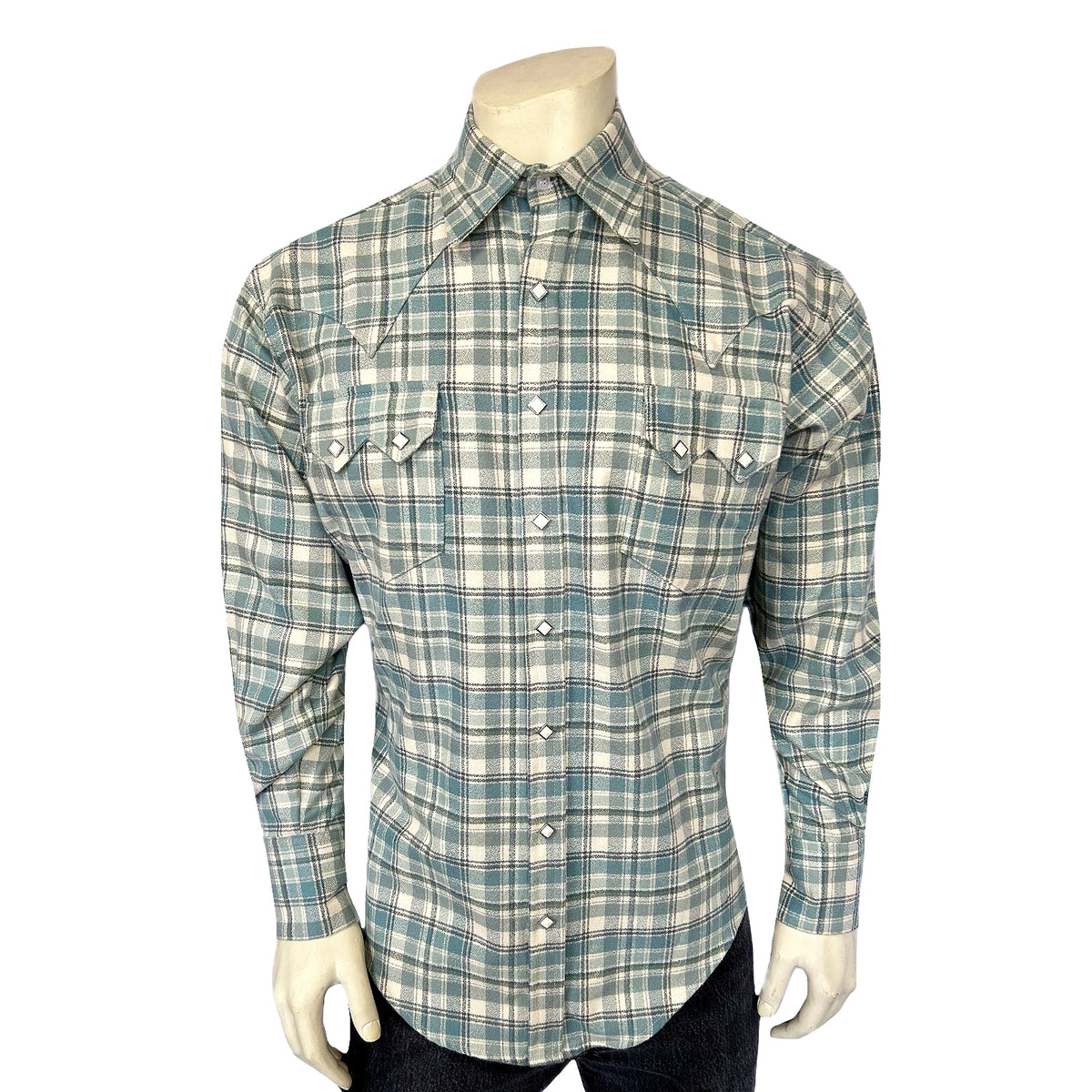 Men's Organic Plush Flannel Dusty Blue Plaid Western Shirt - Rockmount