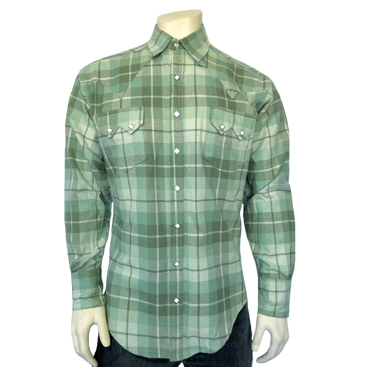 Men's Organic Plush Flannel Sage Green Plaid Western Shirt - Rockmount