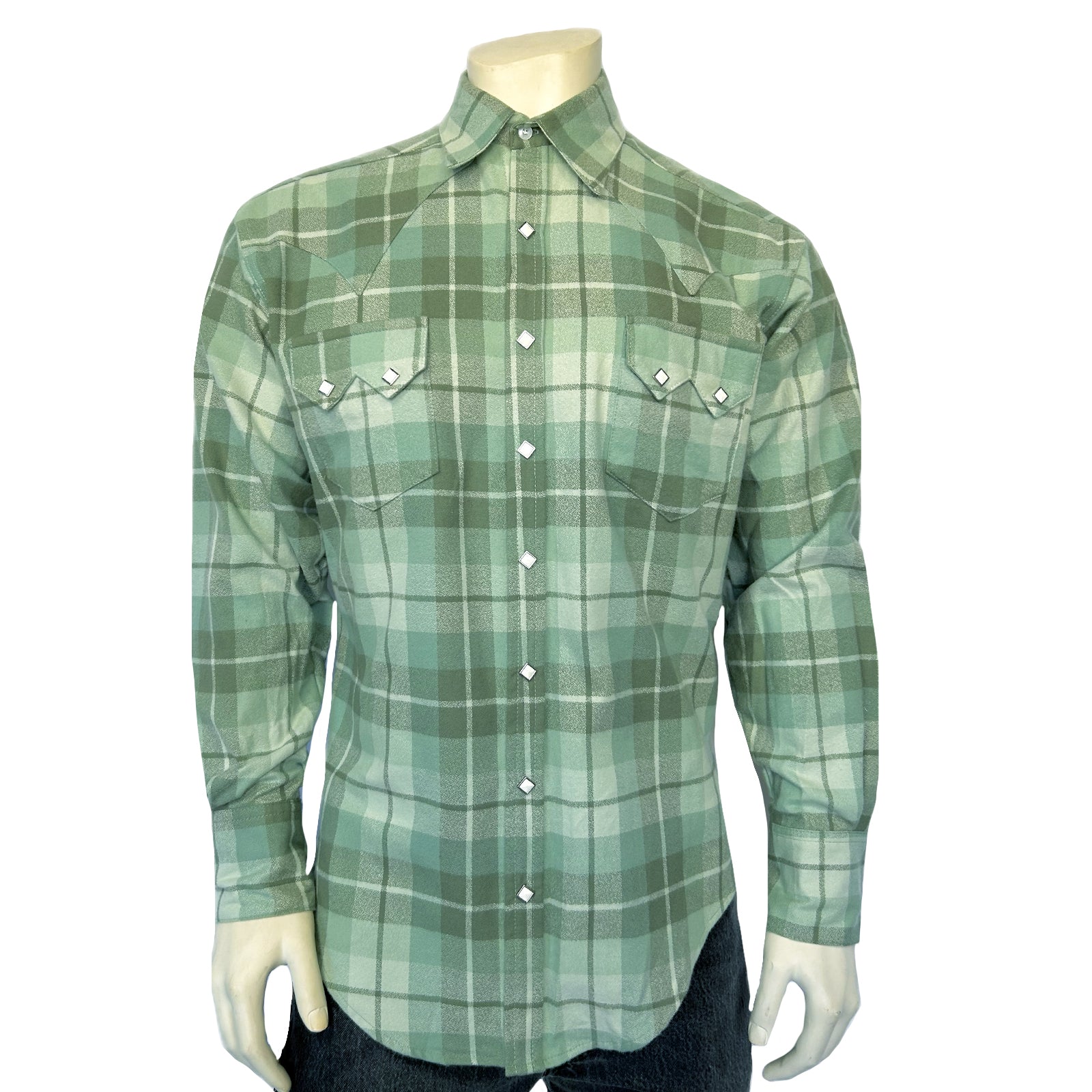 Men's Organic Plush Flannel Sage Green Plaid Western Shirt - Rockmount