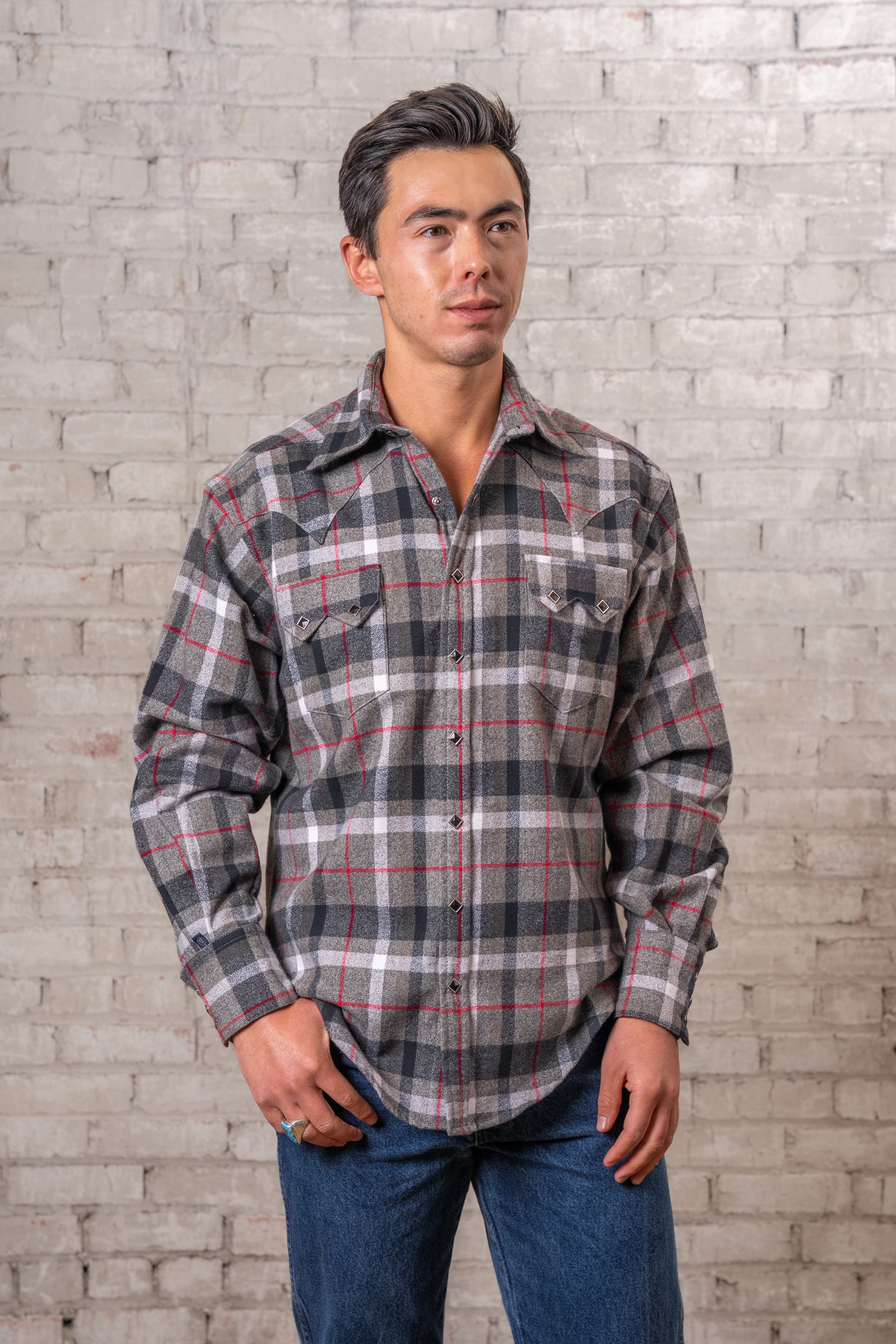 Men's Plush Flannel Black & Grey Plaid Western Shirt