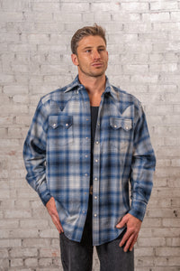 Men's Plush Flannel Blue & Grey Plaid Western Shirt