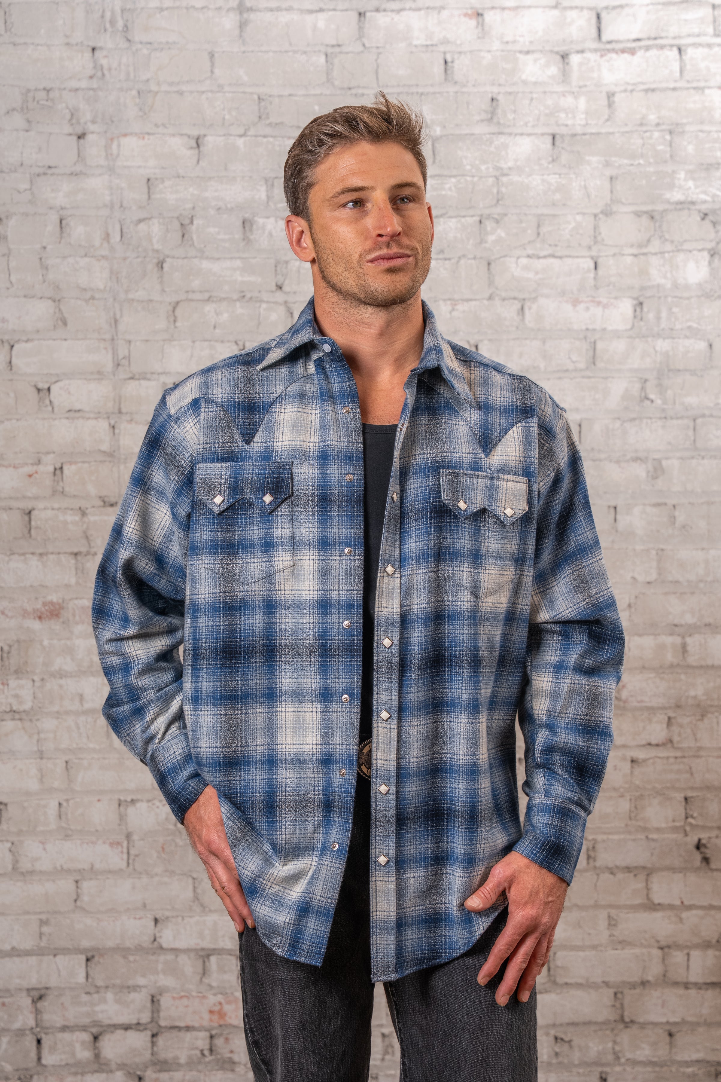 Men's Plush Flannel Blue & Grey Plaid Western Shirt